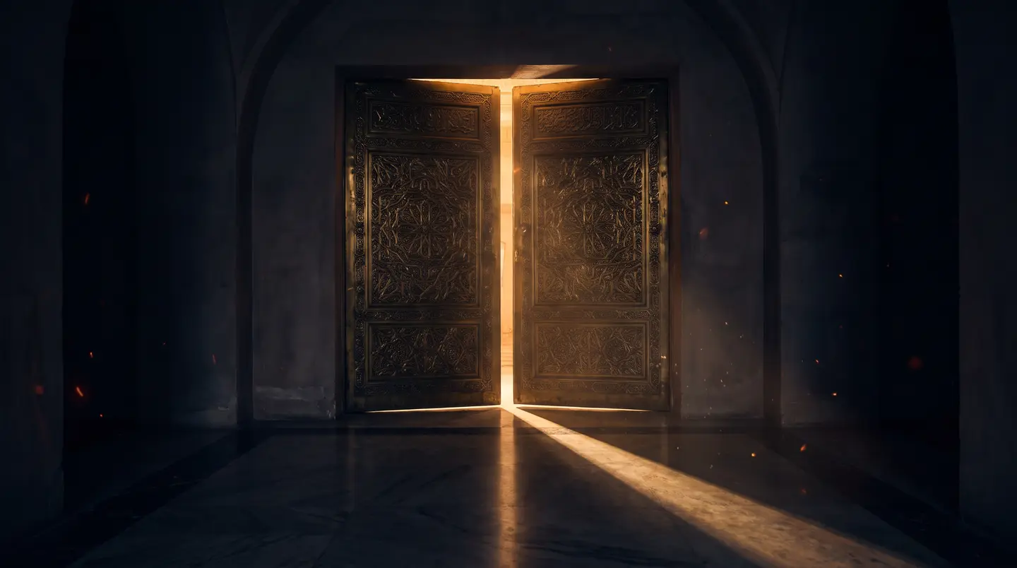 Carved brass doors standing half open, warm light spilling across dark marble