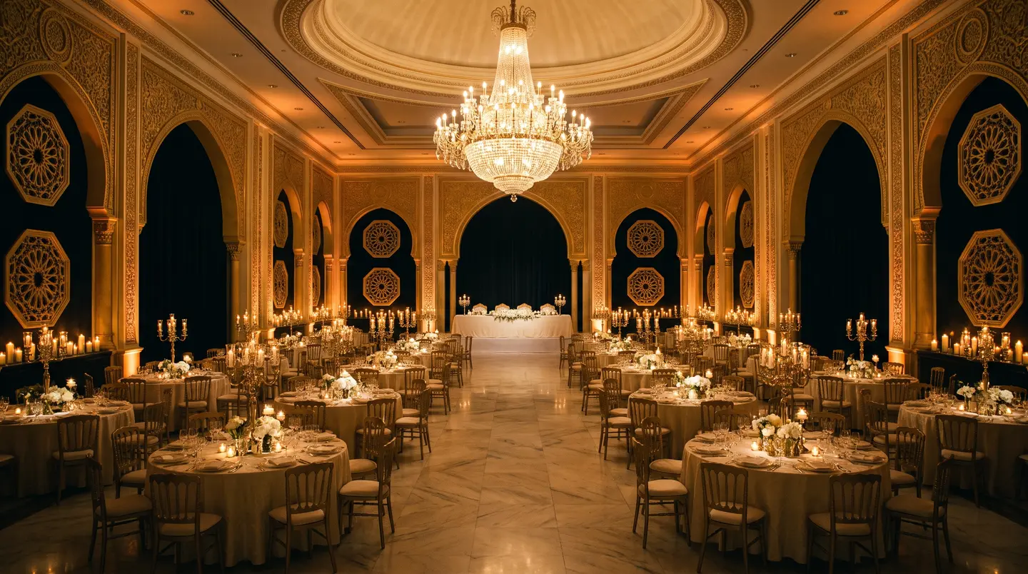The chandelier crowning the hall, tables set beneath it