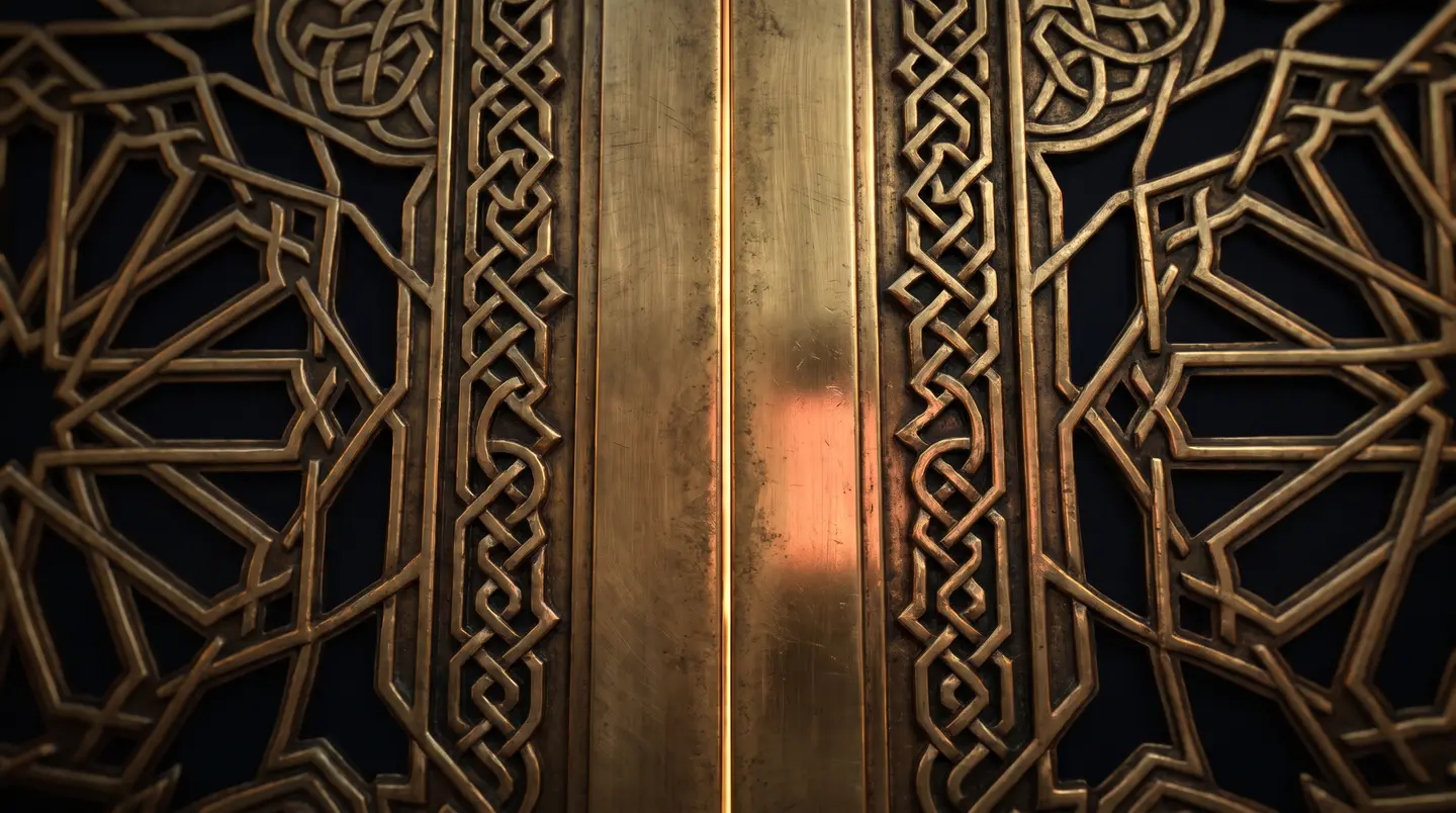 Carved brass double doors with Islamic geometric tessellation, a gold rim-light on the seam