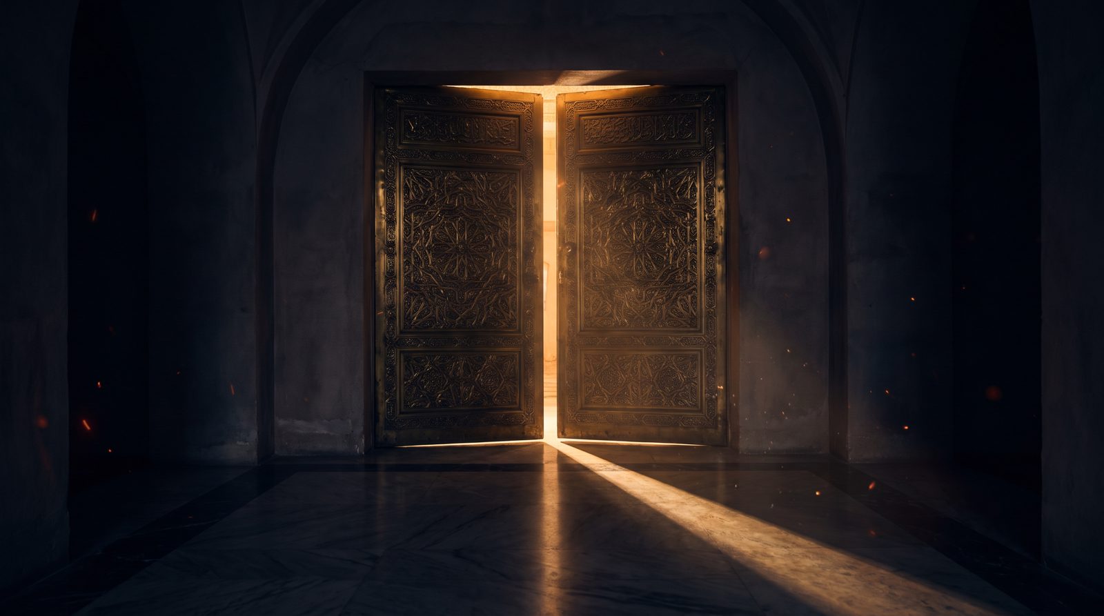 Carved brass doors standing half open, warm light spilling across dark marble