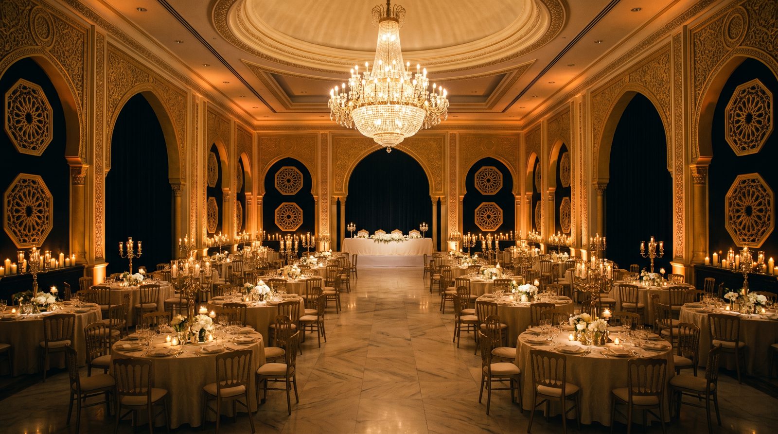 The chandelier crowning the hall, tables set beneath it