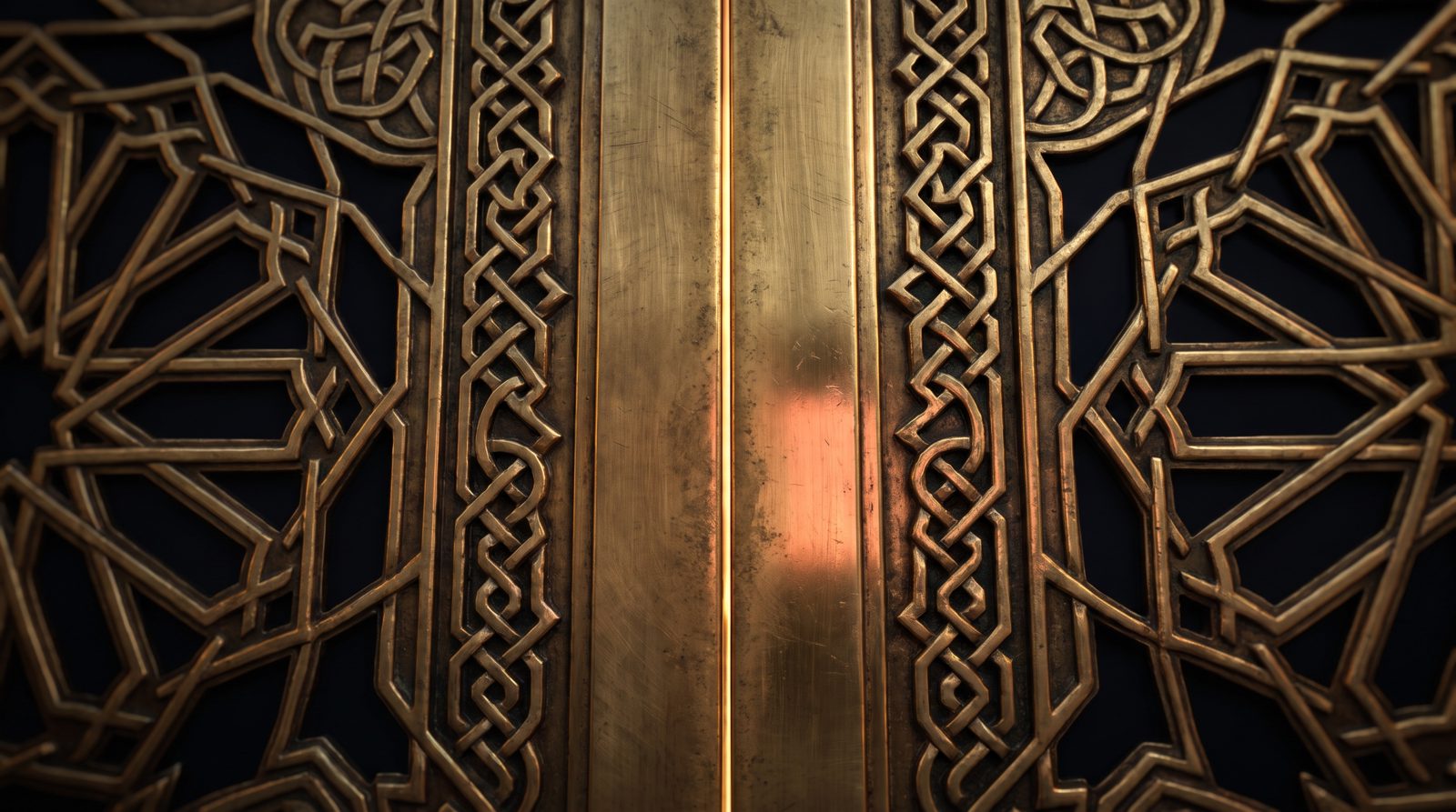 Carved brass double doors with Islamic geometric tessellation, a gold rim-light on the seam