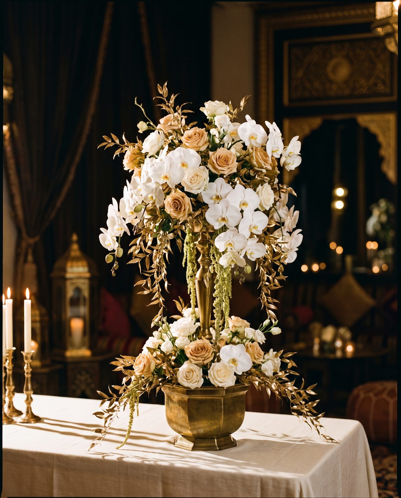 A gilded floral centrepiece of orchids and roses on ivory linen